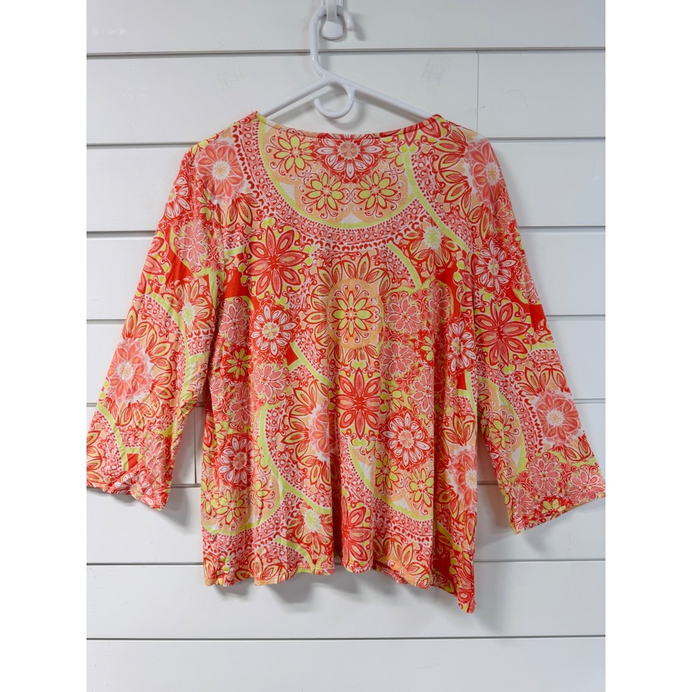 Ruby Rd Petite PXL Floral Medallion Print 3/4 Sleeve Pleated Knit Top Coral Pink - Picture 6 of 6